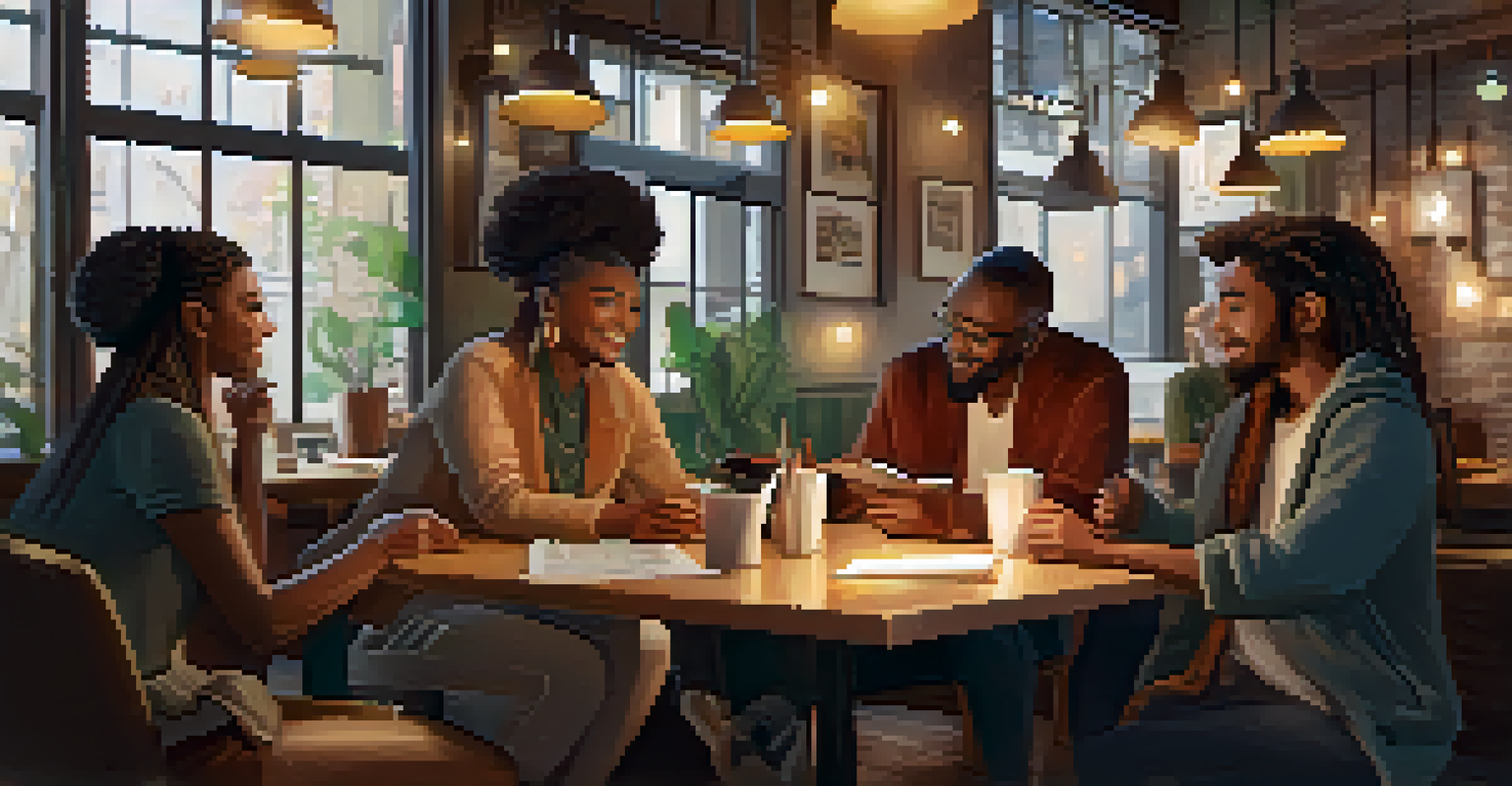 A group of diverse independent storytellers in a cozy coffee shop, discussing their NFT projects with laptops and sketches on the table.