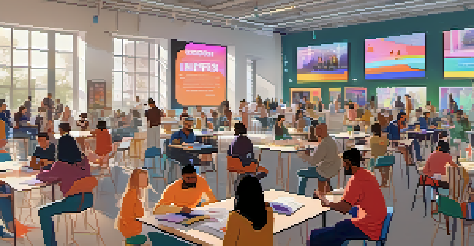 A community event with diverse individuals discussing NFTs, surrounded by laptops and digital displays in a bright space.