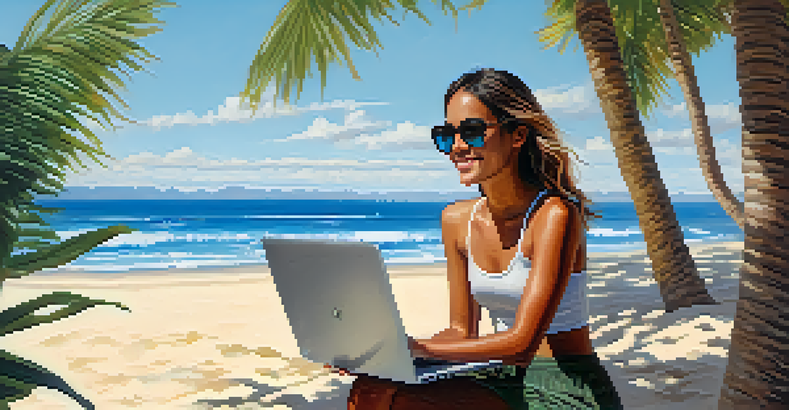 A young woman working on a laptop at the beach, enjoying the flexibility of remote work.