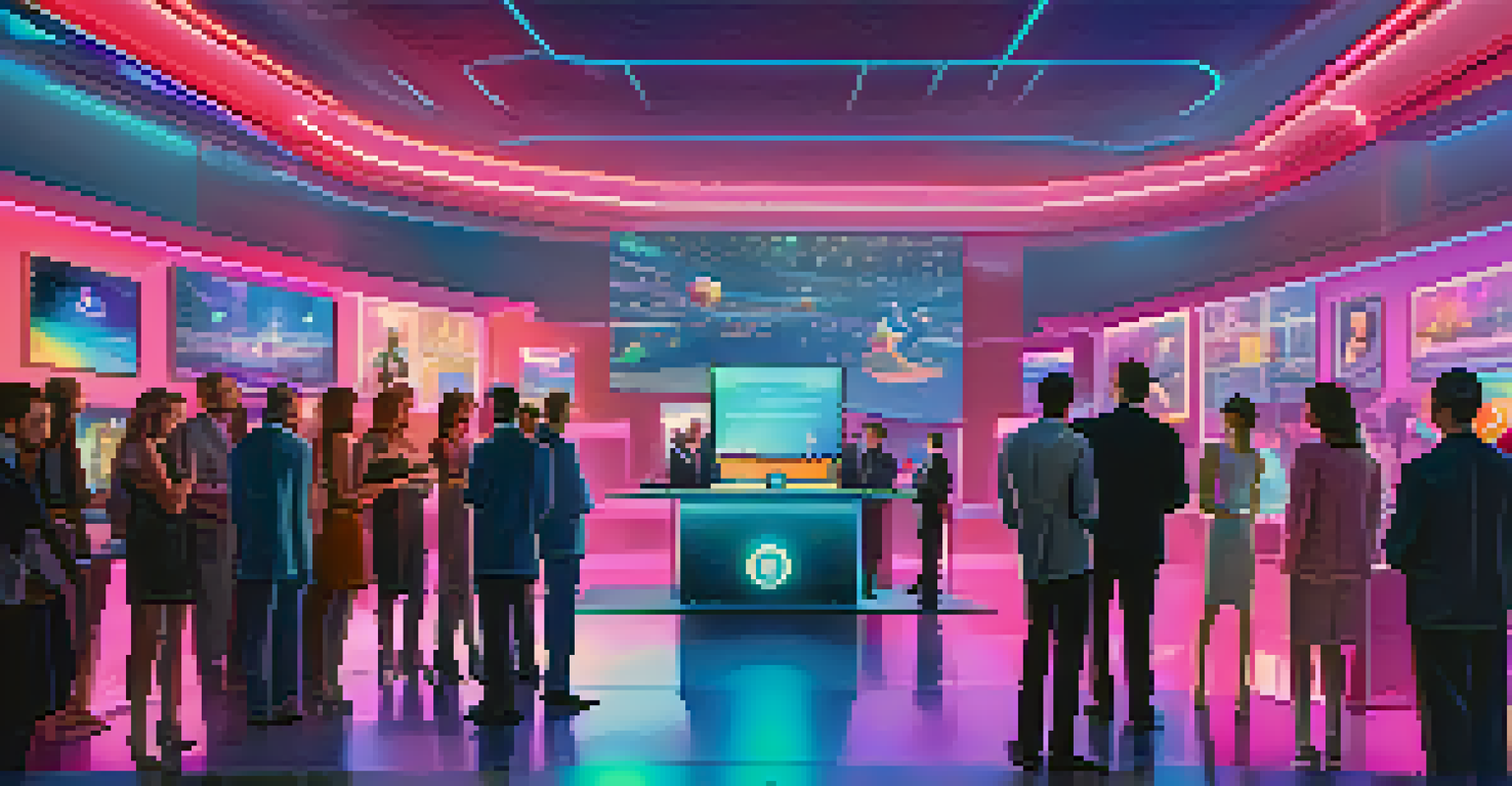 A futuristic charity auction scene with bidders interacting through holographic displays of digital art NFTs.