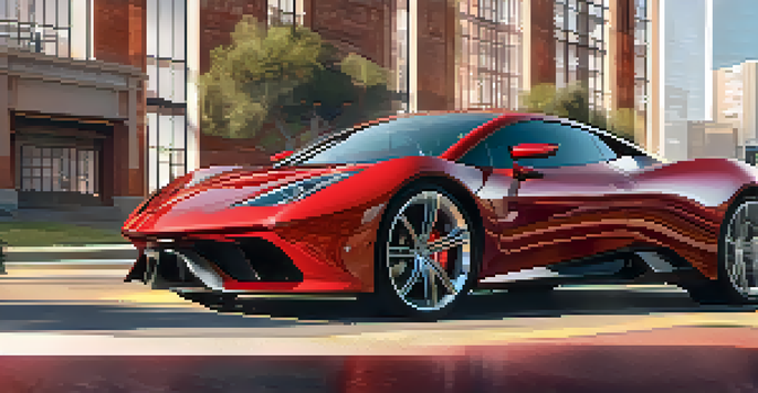 A shiny red sports car in front of a modern building with a sunset glow, featuring a digital twin interface overlay.