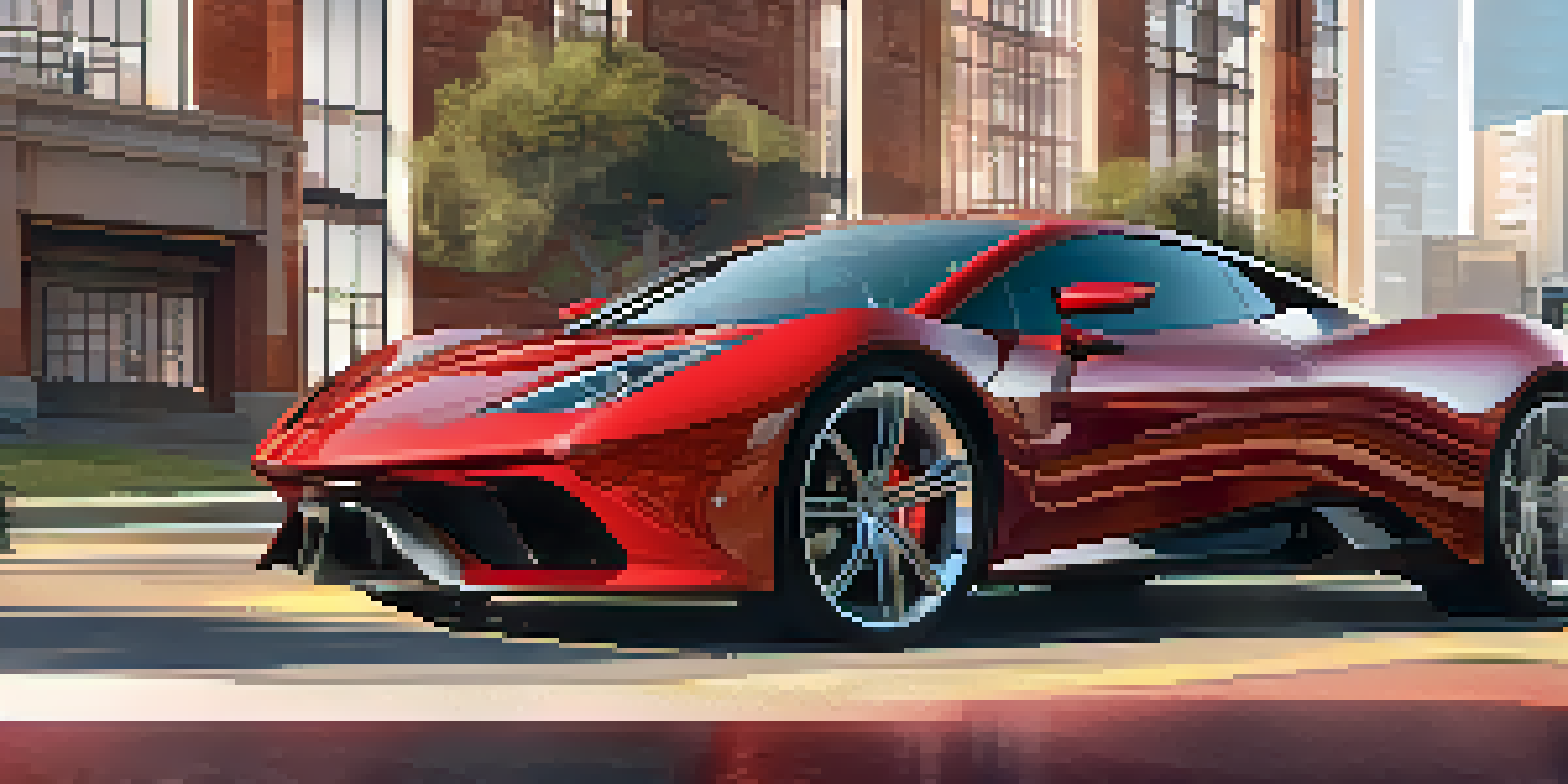 A shiny red sports car in front of a modern building with a sunset glow, featuring a digital twin interface overlay.