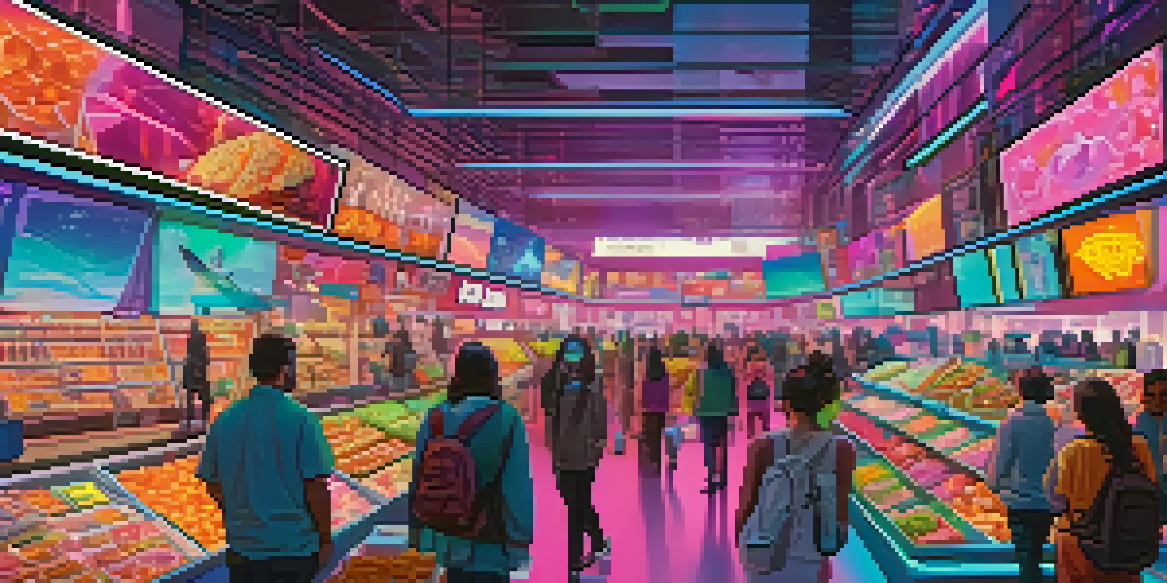 A colorful virtual marketplace filled with avatars looking at digital assets like art and collectibles.