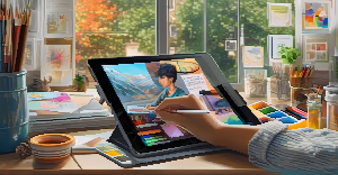 A digital artist creating art on a tablet in a colorful workspace filled with sketches and art supplies.