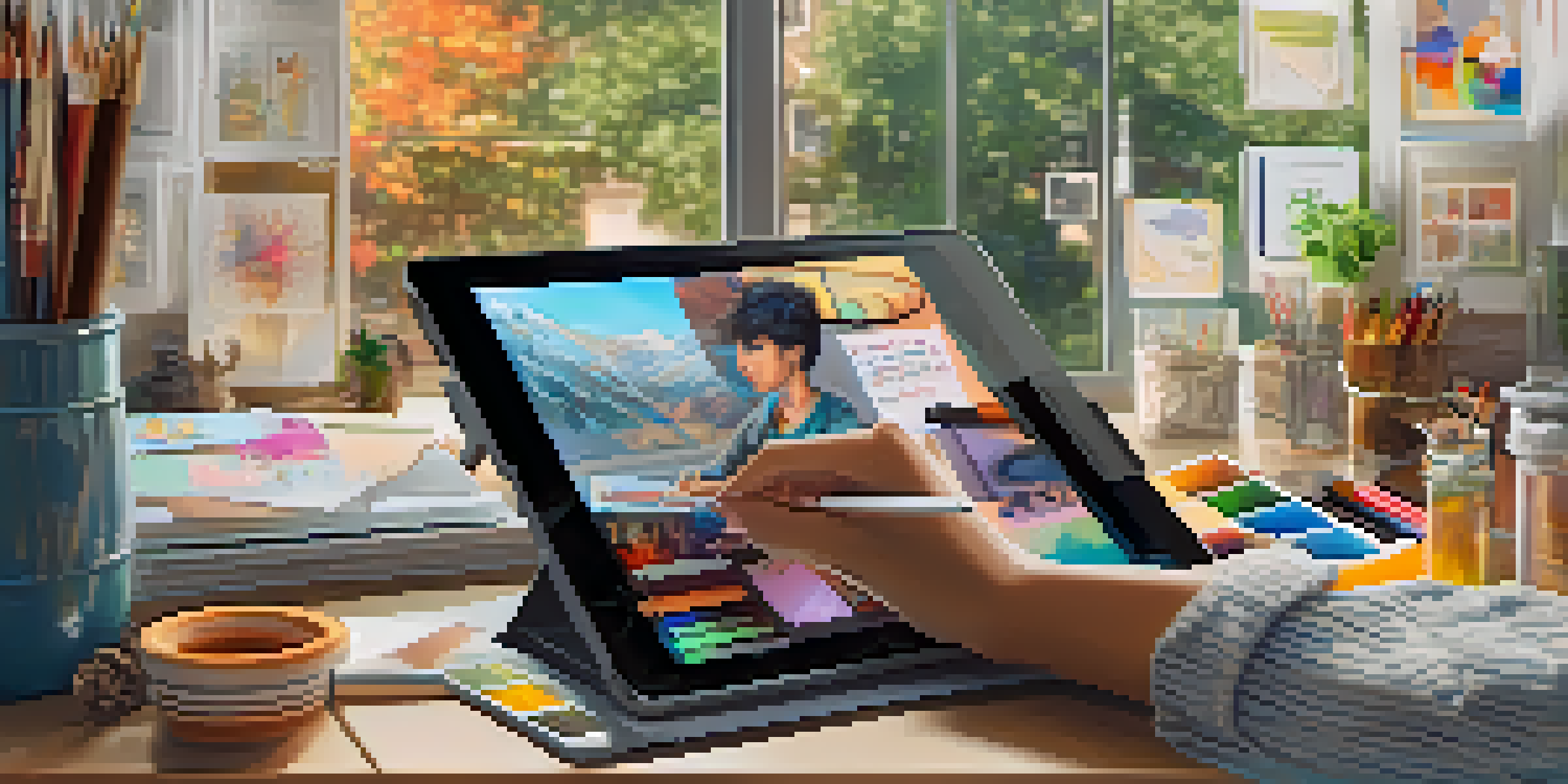 A digital artist creating art on a tablet in a colorful workspace filled with sketches and art supplies.