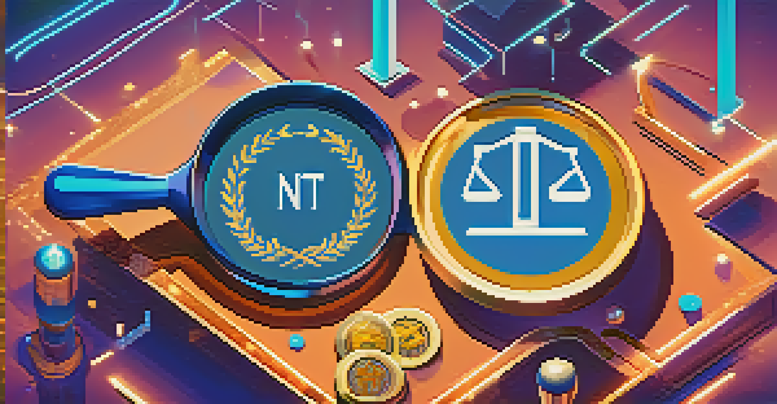 A balance scale with NFTs on one side and a magnifying glass on the other, set against an abstract digital background.