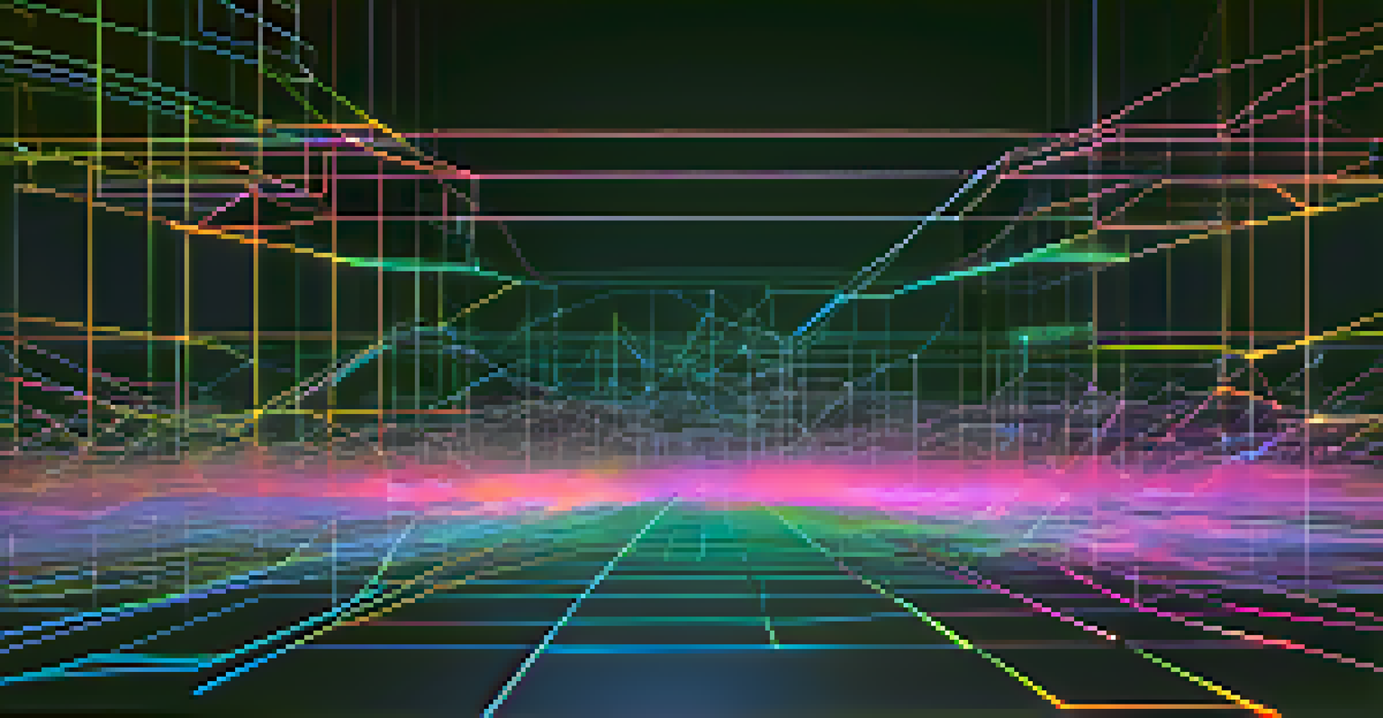 An abstract depiction of a blockchain network with glowing nodes and smart contracts against a dark background.