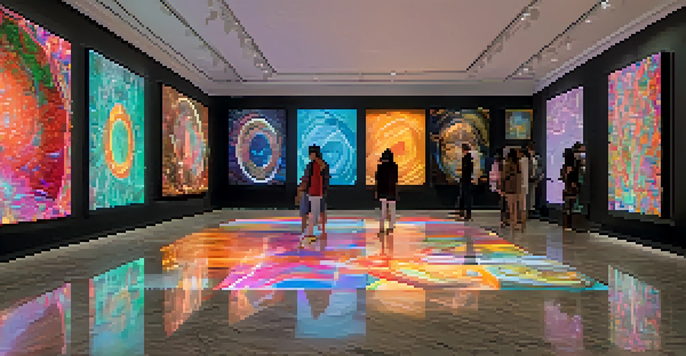 A digital art gallery displaying various NFTs with ambient lighting and visitors admiring the artwork.