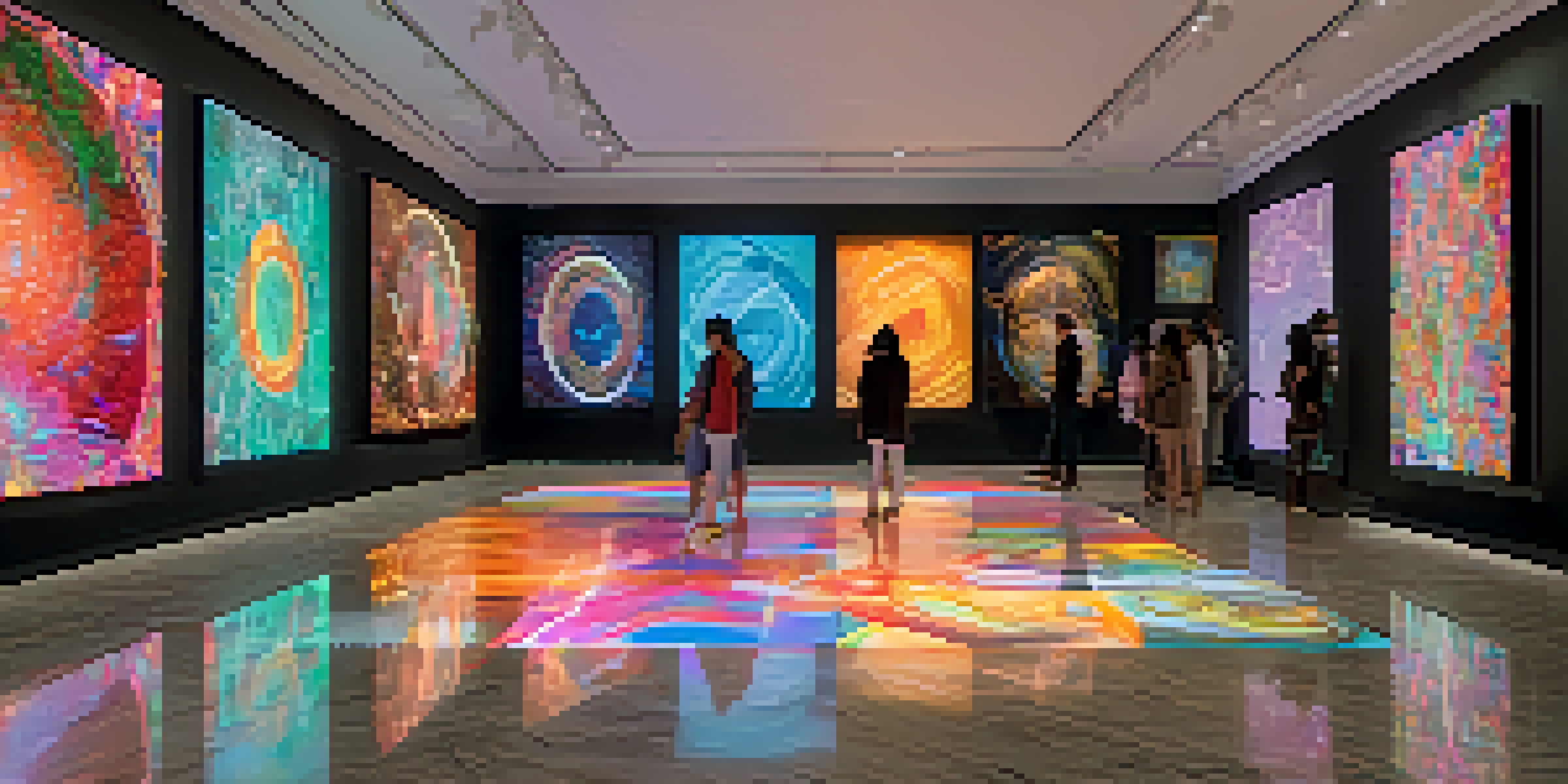 A digital art gallery displaying various NFTs with ambient lighting and visitors admiring the artwork.