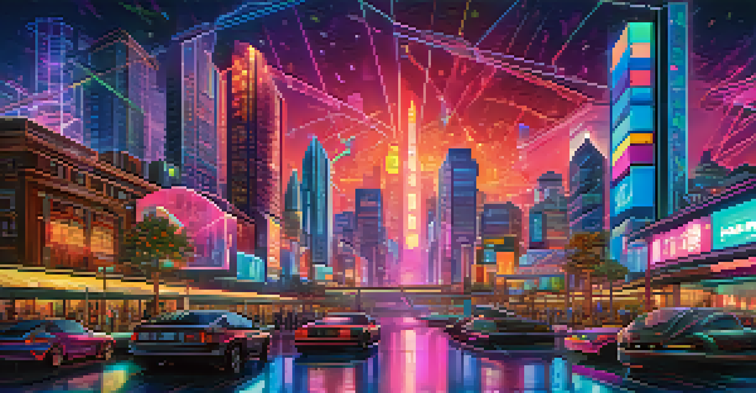 Colorful digital tokens representing NFTs in a futuristic city environment.