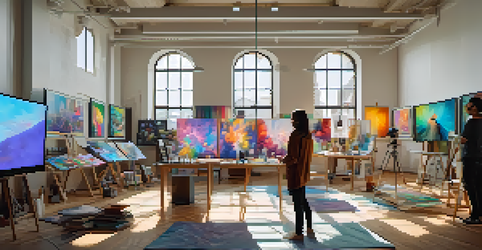 An artist's studio with canvases and digital screens, featuring artists discussing NFTs.