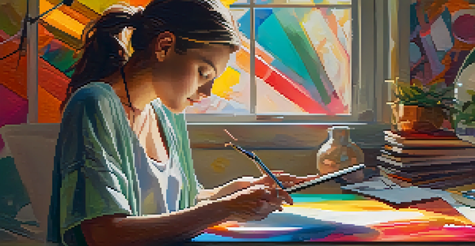 A digital artist intensely working on a tablet in a colorful studio, illuminated by soft natural light.