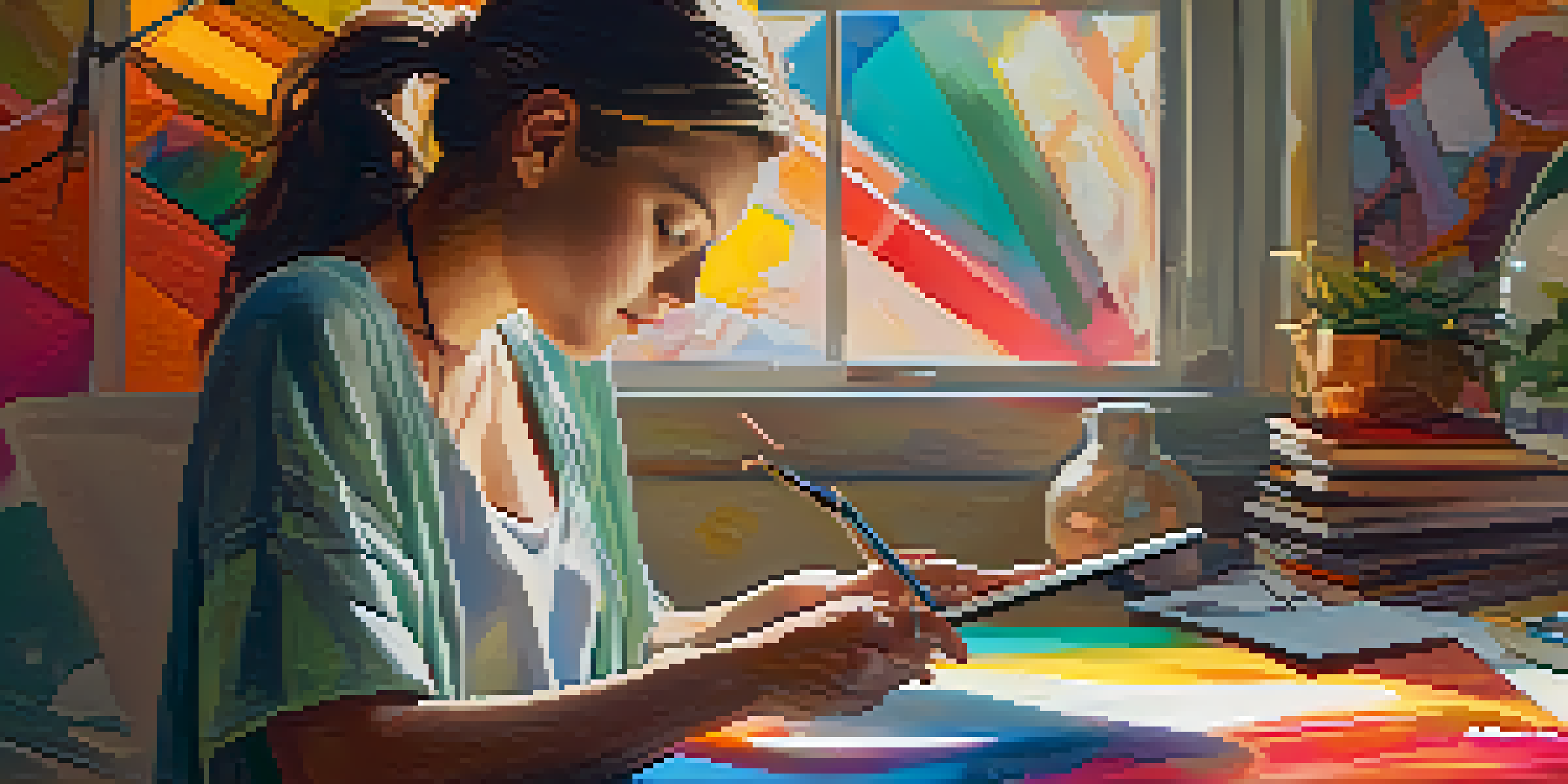 A digital artist intensely working on a tablet in a colorful studio, illuminated by soft natural light.