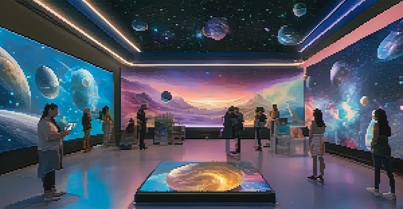 A virtual reality space displaying NFT collections with avatars interacting in a starry digital universe.