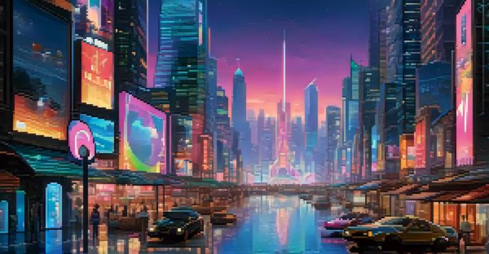 A futuristic cityscape with glowing holographic NFT icons above streets and neon-lit skyscrapers.