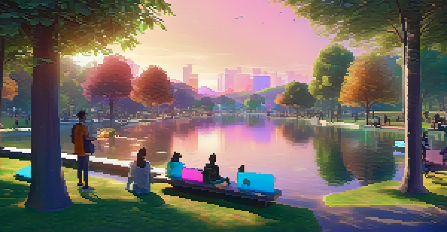 A peaceful virtual park with animated trees, a sparkling lake, and users enjoying digital artworks in a vibrant sunset setting.