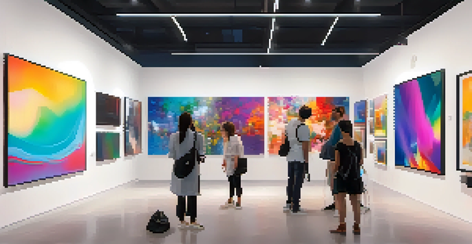 A busy virtual art gallery featuring diverse digital artworks and people from various backgrounds interacting with the art.