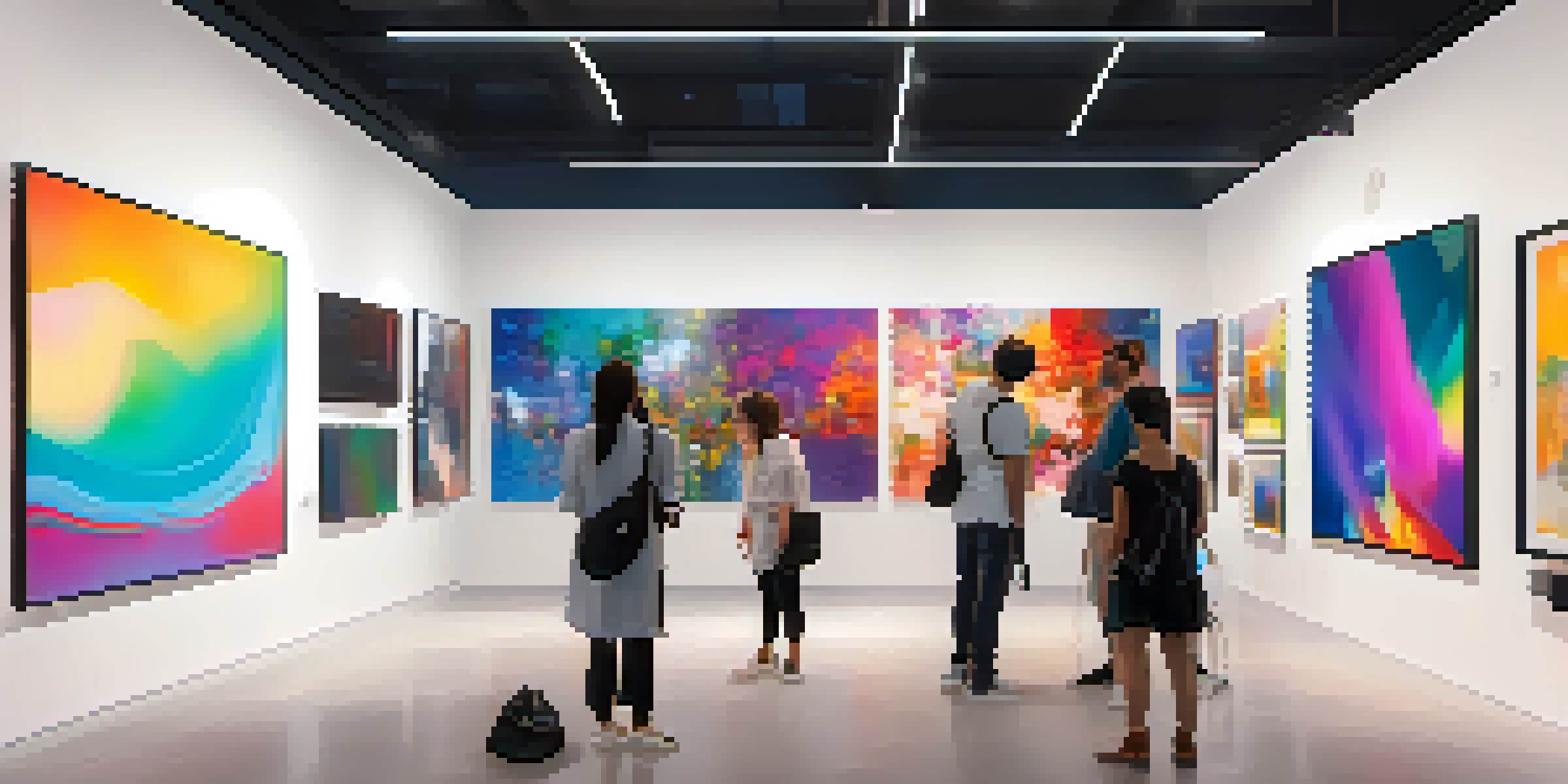 A busy virtual art gallery featuring diverse digital artworks and people from various backgrounds interacting with the art.