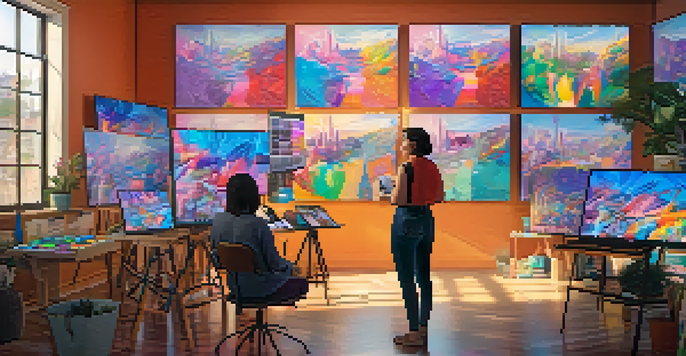 An artist in a bright studio discussing her NFT artworks with a small audience, surrounded by colorful digital displays.