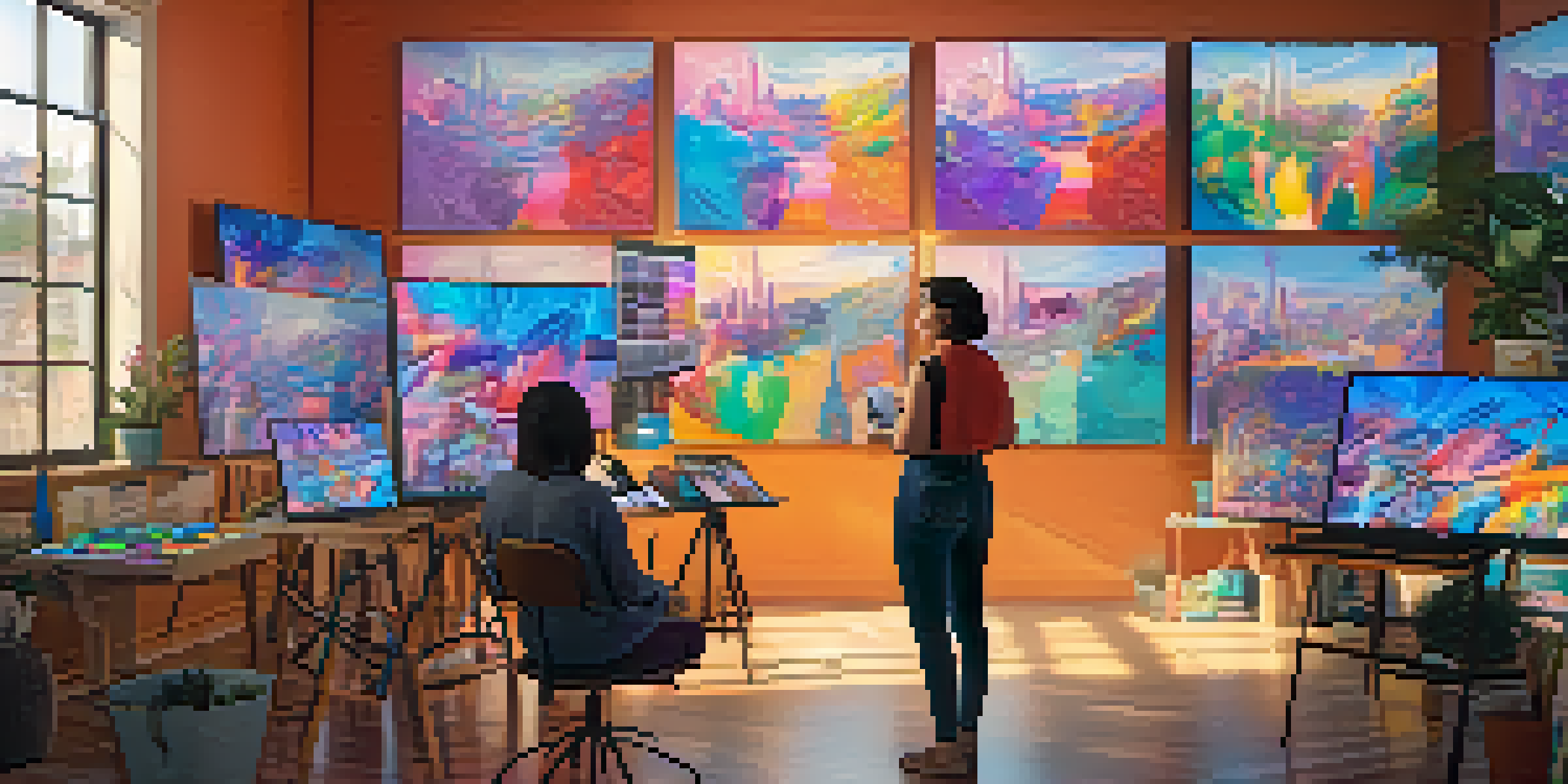 An artist in a bright studio discussing her NFT artworks with a small audience, surrounded by colorful digital displays.