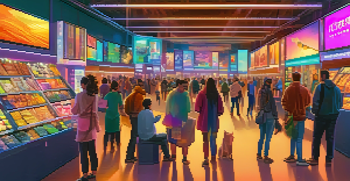 A lively NFT marketplace with people engaging with digital art on virtual screens, showcasing a variety of colorful artworks.