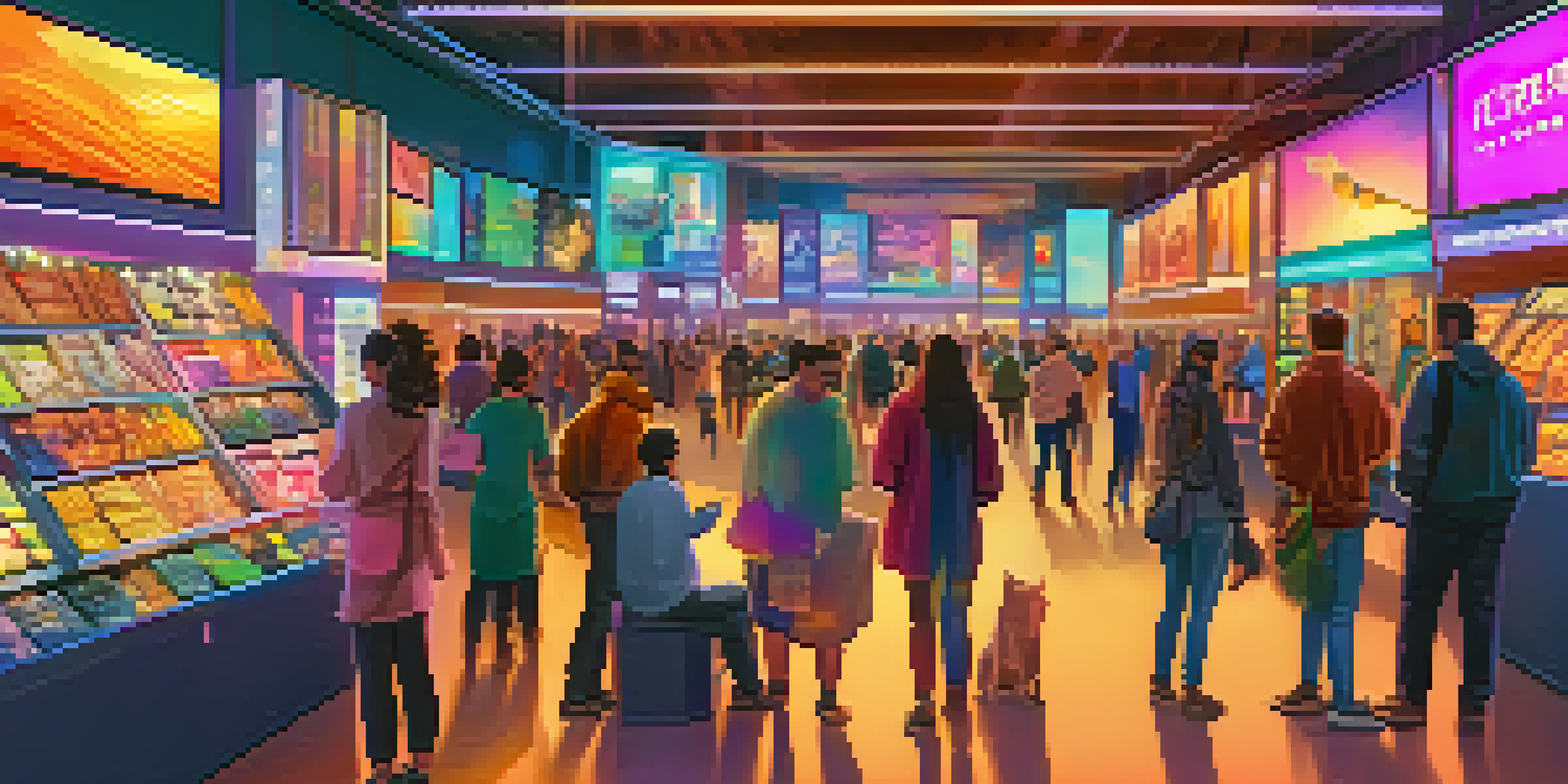 A lively NFT marketplace with people engaging with digital art on virtual screens, showcasing a variety of colorful artworks.