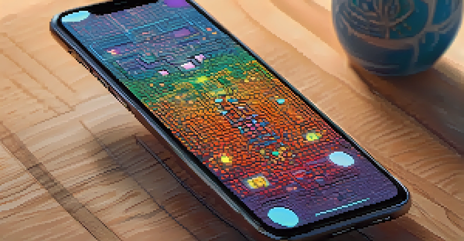 A close-up view of a smartphone displaying a colorful NFT artwork, resting on a wooden table with natural light.