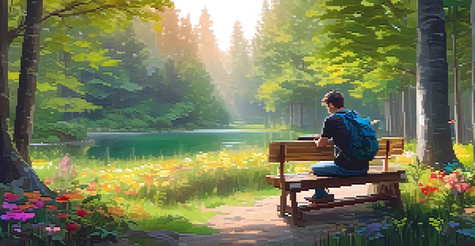 A peaceful forest scene with an artist sketching on a bench, surrounded by green trees and colorful flowers under warm sunlight.