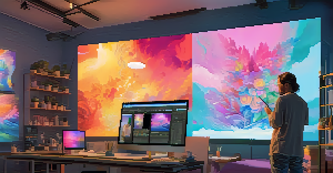 An artist in a colorful digital art studio, working on a tablet with vibrant artwork on the walls and natural light coming through a window.