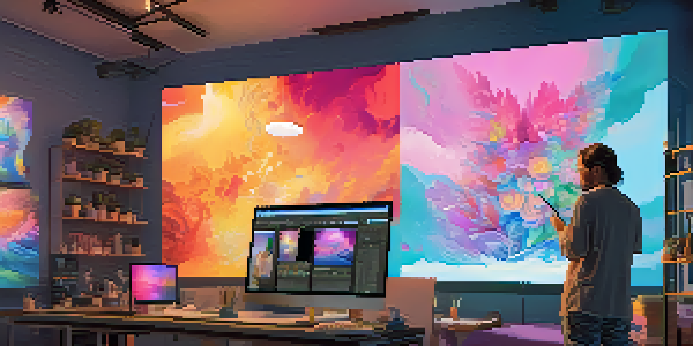 An artist in a colorful digital art studio, working on a tablet with vibrant artwork on the walls and natural light coming through a window.