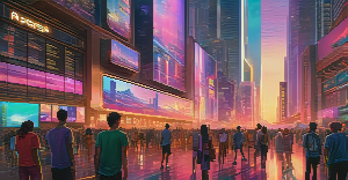 A futuristic cityscape with glass skyscrapers, neon lights, and people engaging with digital devices displaying NFTs.