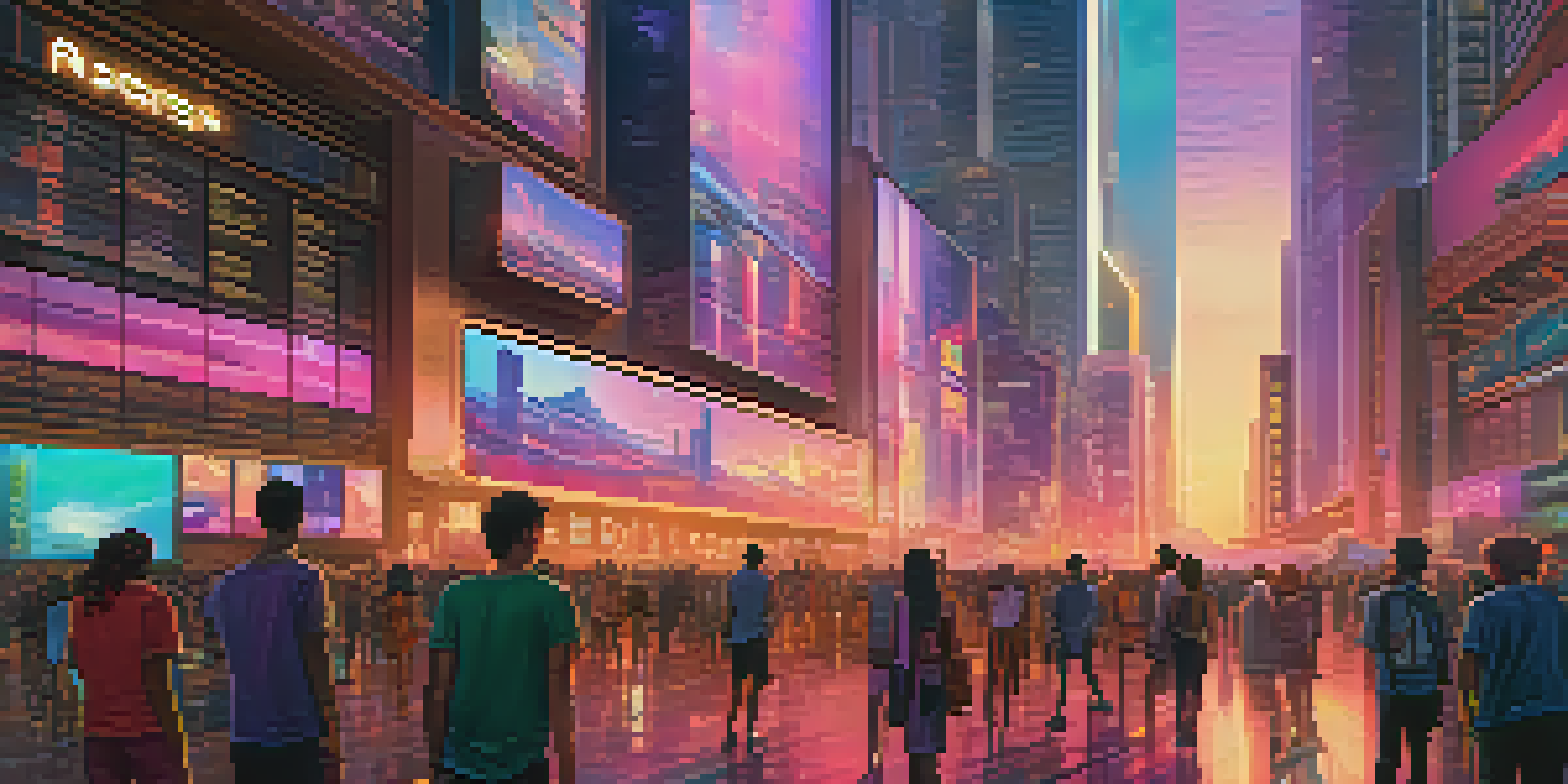 A futuristic cityscape with glass skyscrapers, neon lights, and people engaging with digital devices displaying NFTs.