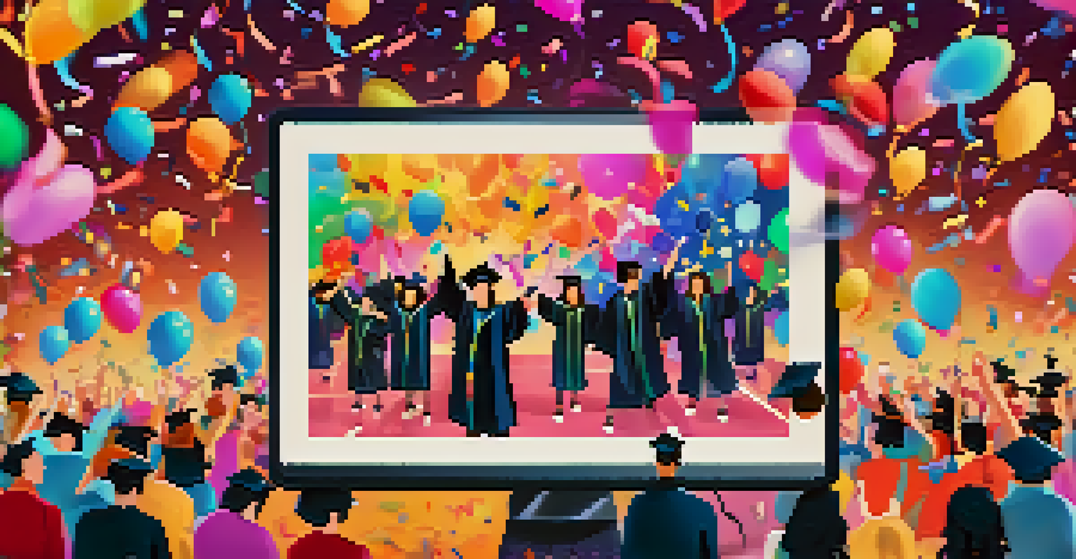 Close-up of a device showing an NFT of a graduation event with colorful graphics and a blurred joyful crowd in the background.