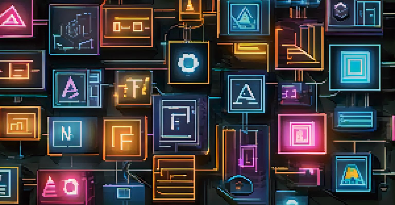 An abstract illustration of blockchain technology with glowing interconnected blocks, featuring symbols of digital assets.