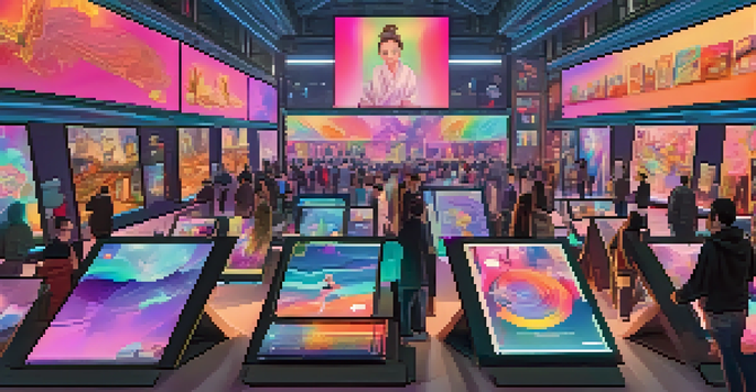A lively digital art marketplace showcasing various NFTs on modern screens, with users interacting with tablets and smartphones in a colorful environment.