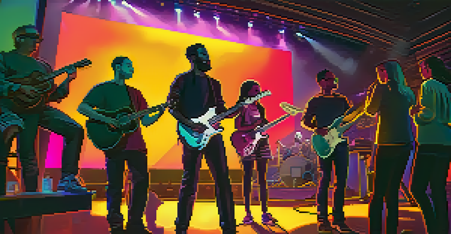 A virtual concert scene where community members engage with musicians, illuminated by colorful stage lights and showcasing their NFTs.