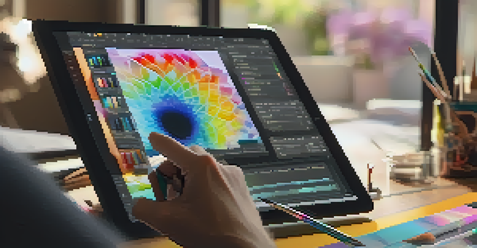 An artist working on a digital tablet, creating an NFT artwork, surrounded by art supplies and illuminated by sunlight.
