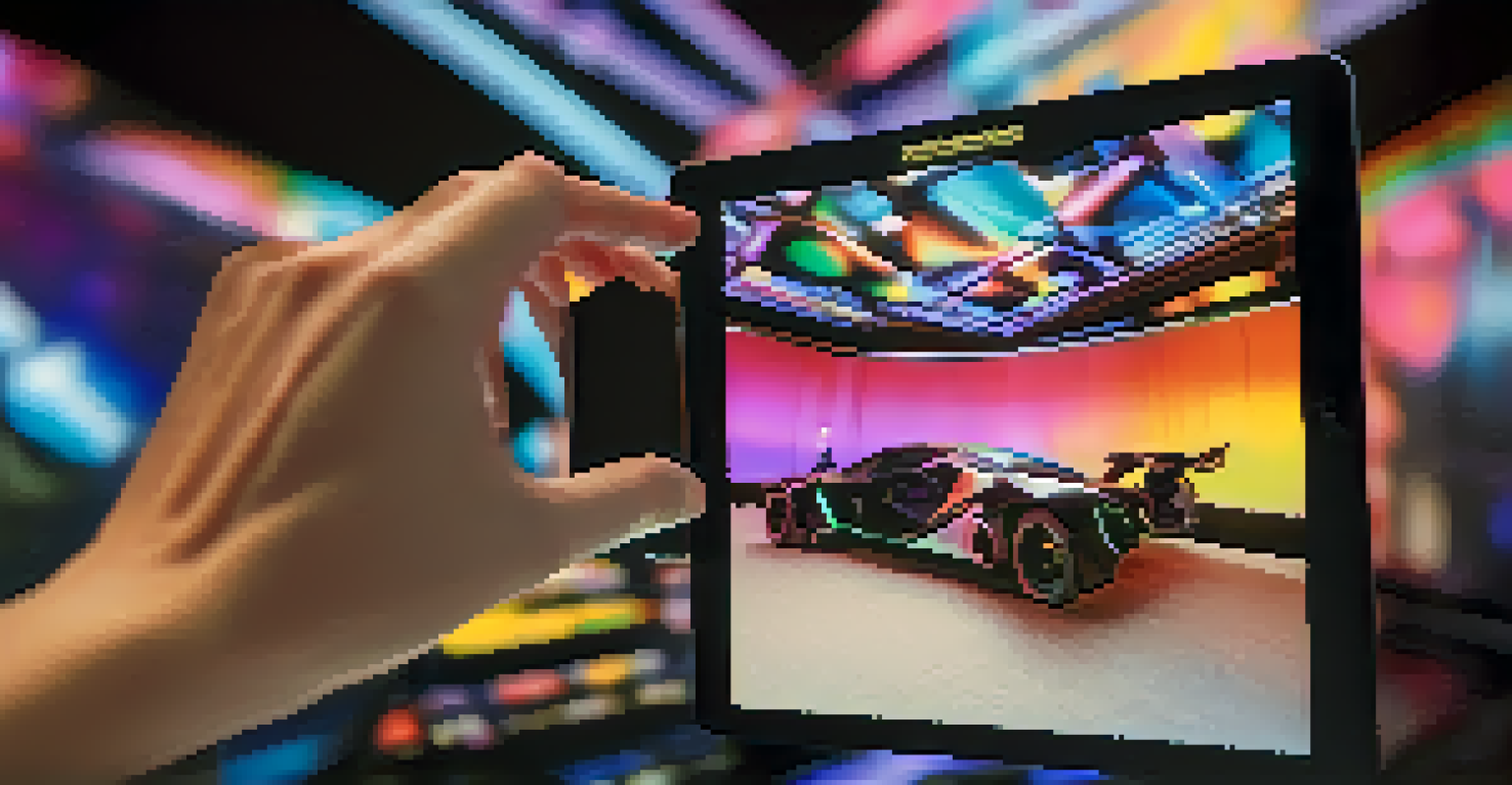 A filmmaker's hands holding a tablet showing a virtual reality film set interface.