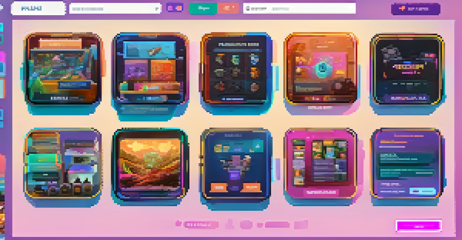 A close-up of a player's screen showing a colorful NFT marketplace filled with unique digital items and the player's hand interacting with it.