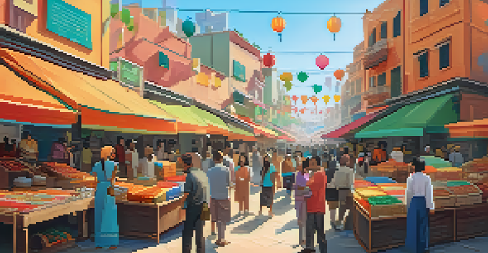 A lively marketplace filled with artisans selling NFTs, colorful stalls, and customers interacting with artists under a clear blue sky.