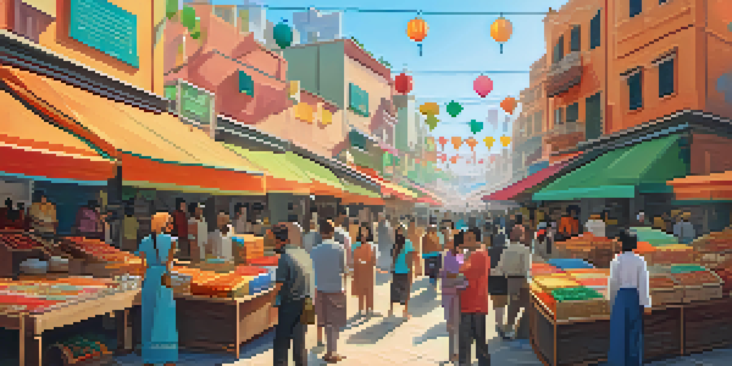 A lively marketplace filled with artisans selling NFTs, colorful stalls, and customers interacting with artists under a clear blue sky.