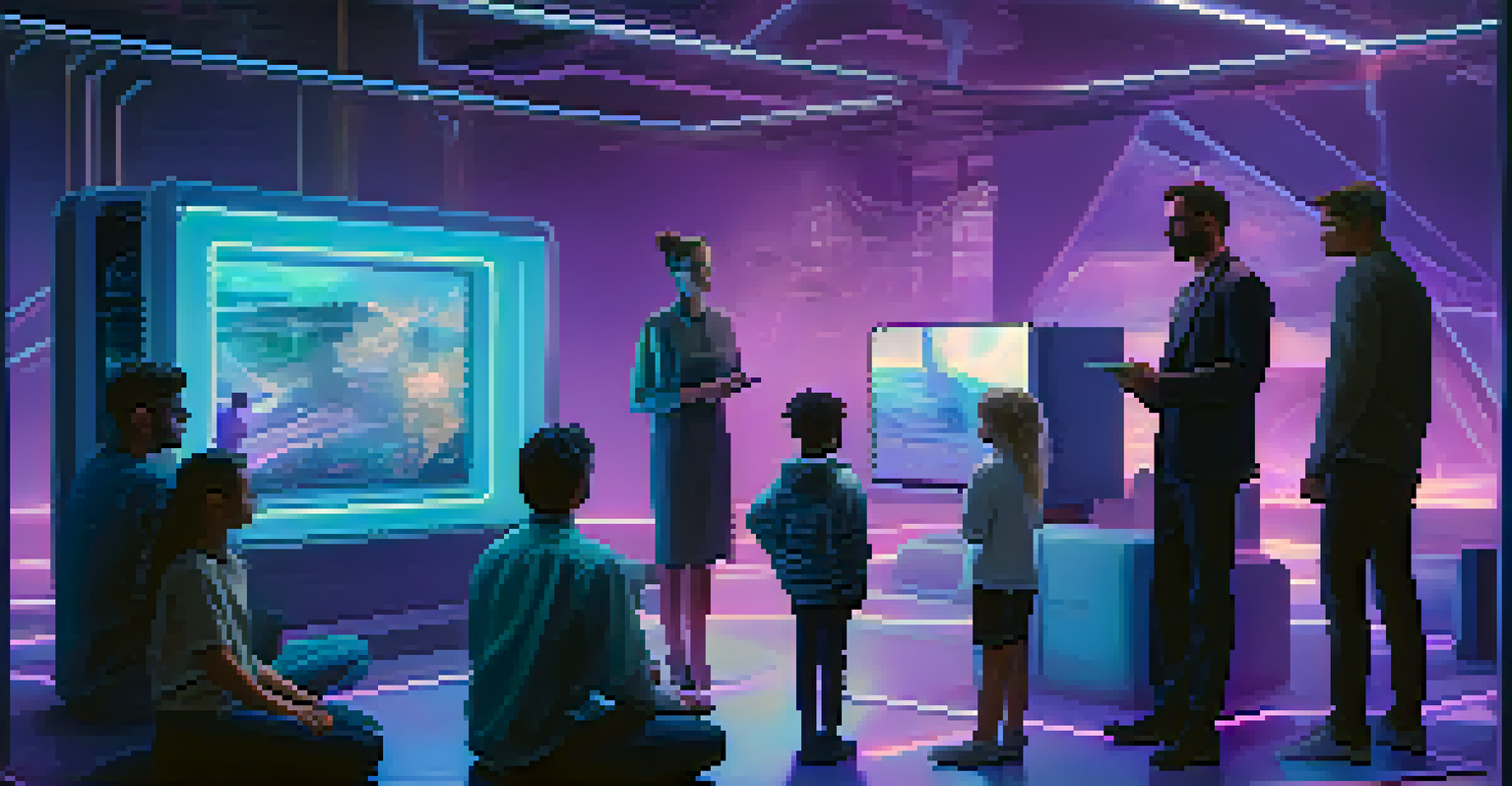 A family interacting with a holographic display of NFTs, set in a futuristic environment with soft blue and purple lighting.