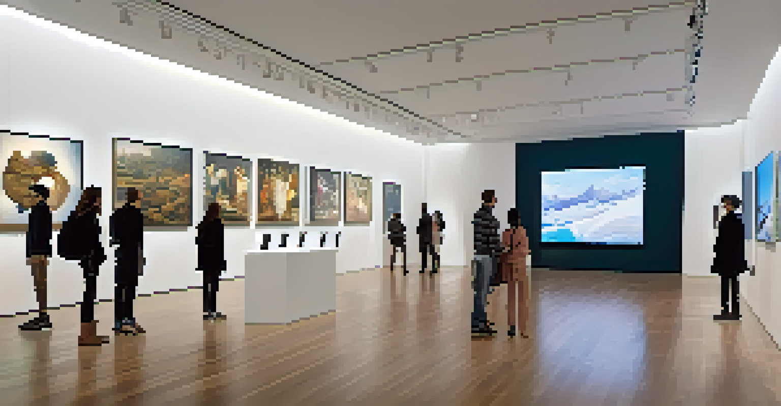A modern art gallery displaying a mix of traditional paintings and digital art on screens, with visitors exploring interactive installations.