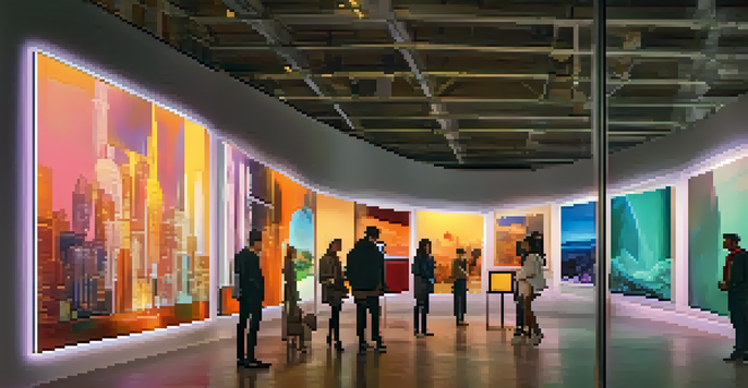 A colorful virtual art gallery with diverse visitors admiring digital artworks and a futuristic cityscape in the background.
