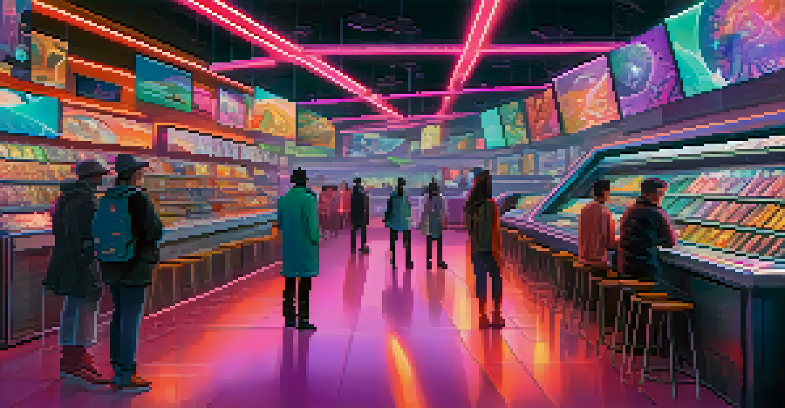 A futuristic digital marketplace with diverse characters trading unique digital art NFTs in a vibrant neon landscape.