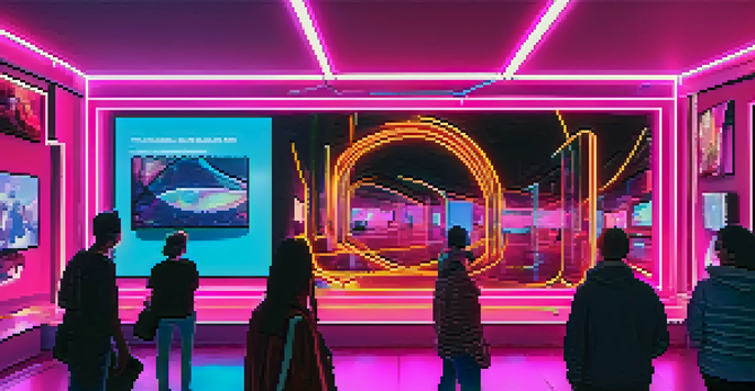 A digital art gallery filled with people admiring colorful NFTs displayed on large screens in a futuristic setting.