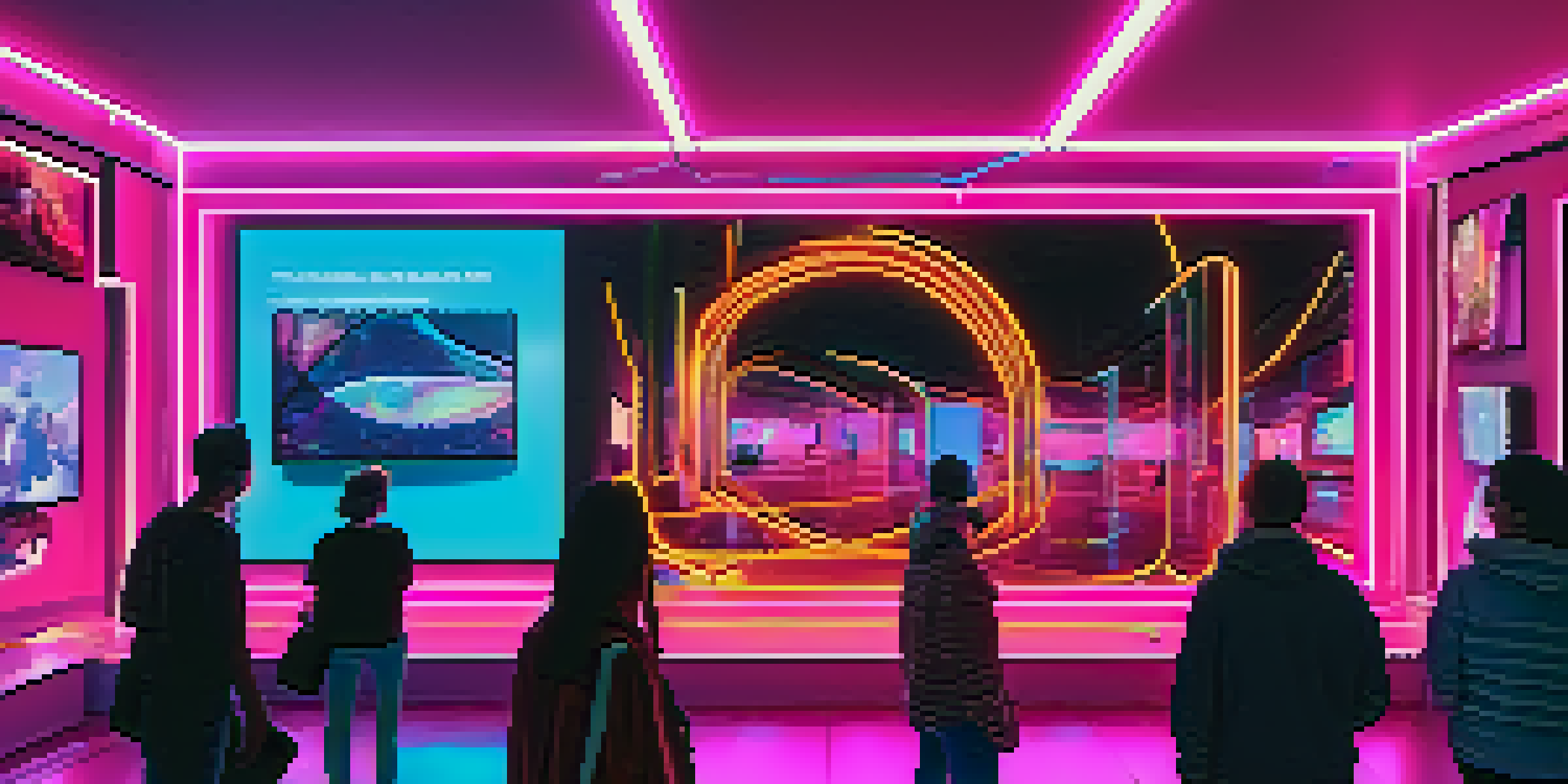 A digital art gallery filled with people admiring colorful NFTs displayed on large screens in a futuristic setting.
