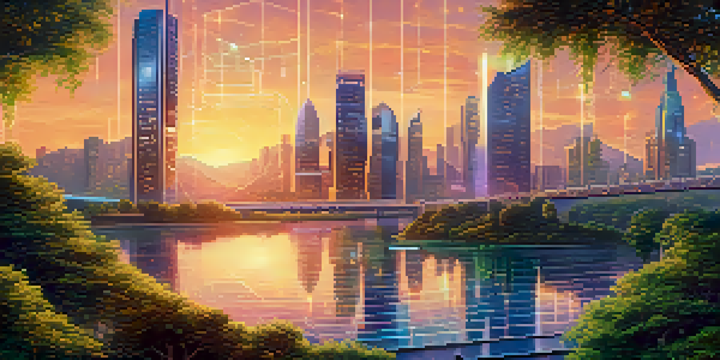 A futuristic landscape with a sunset over a digital city skyline, showcasing glowing blockchain nodes among skyscrapers and lush greenery.