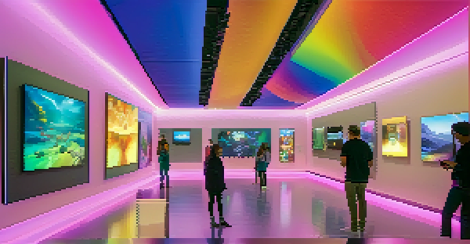 A futuristic digital art gallery filled with animated NFT artworks displayed on colorful screens, with visitors admiring the pieces under soft lighting.