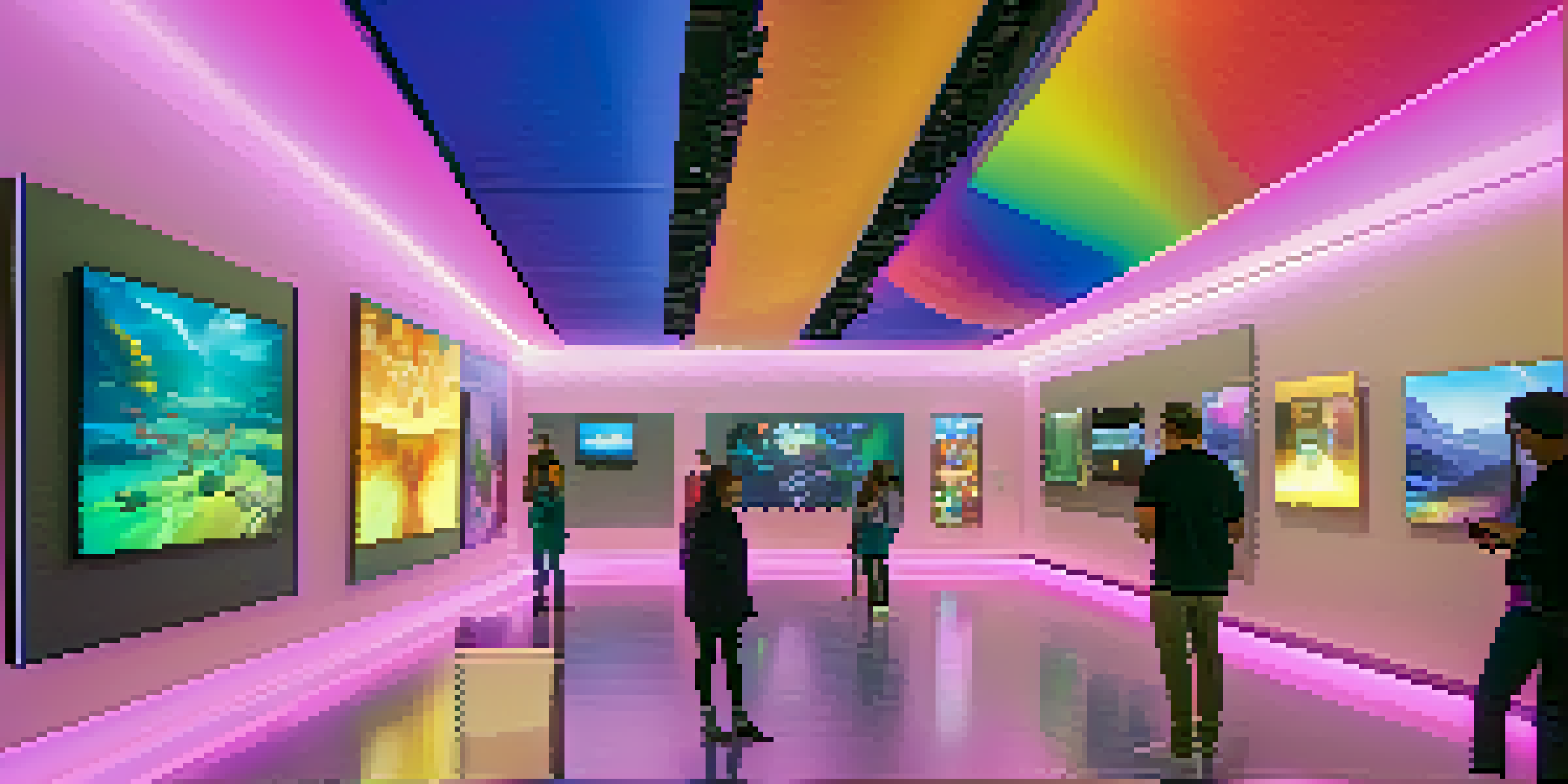 A futuristic digital art gallery filled with animated NFT artworks displayed on colorful screens, with visitors admiring the pieces under soft lighting.